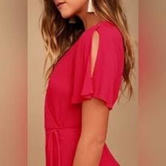 Red Classic Wrap Dress with flutter sleeves. NWT LuLus. Medium - Picture 4 of 10